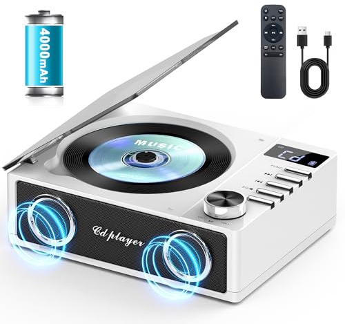 Greadio CD Player Tragbar mit Bluetooth 5.3, 4000mAh Wiederaufladbarer | 4000mAh Wiederaufladbarer, Fernbedienung, HiFi-Sound-Lautsprecher, unterstützt USB, TF, AUX, OPT, LED-Display für Zuhause