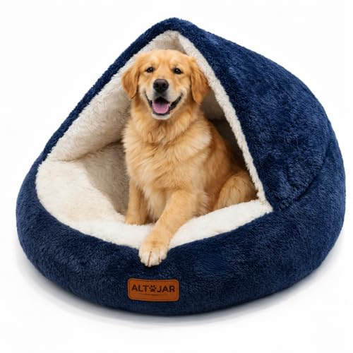 AL TAJAR Luxury Hooded Dog Cave Bed 80cm with Hooded Support – Soft Fluffy Calming Anti-Anxiety Donut Cuddler, Cozy Pet Nest, Washable Dog & Cat Bed with Non-Slip Base, Large Dog Bed Up to 20kg