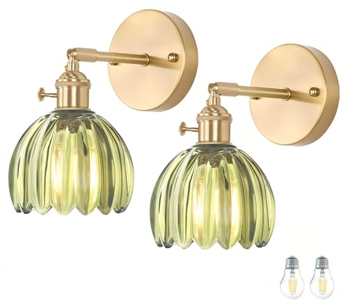 Bravsekai 2 Pack Vintage Wall Sconces, Green Tulip Glass Shade Wall Lamp with 2 Natural Light Bulbs, Hardwired Design with Rotary Switch, Decorative Light for Bedroom Hallway Living Room