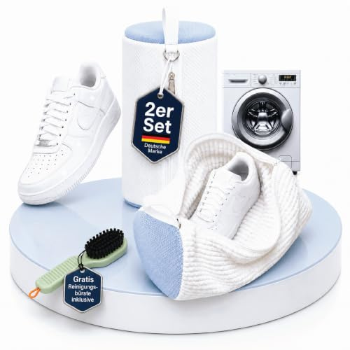 Premium Schuhwaschbeutel für die Waschmaschine bis Größe 50 mit schonender, wasserdurchlässiger Reinigung–2x wiederverwendbare Waschbeutel für Schuhe mit Reinigungsbürste, schützt Schuhe&Waschmaschine
