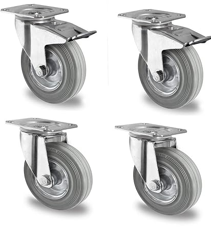 Rollensatz 2 Lenkrollen mit Feststeller + 2 Lenkrollen 160 mm Vollgummi grau mit Stahlfelge
