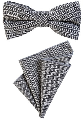 DonDon Herren Fliege 12 x 6 cm mit farblich passendem Einstecktuch 23 x 23 cm beides aus Baumwolle im Tweed Look grau kariert