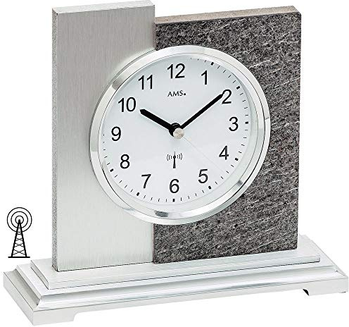 AMS 5150 Tischuhr Funk Silbern Modern in Naturstein-Optik mit Aluminium Auflage