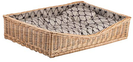 e-wicker24 Hundekorb aus Weide für Hund und Katze Hundebett Katzenbett mit Kissen Tierkorb geflochten Katzenkorb rechteckig Liegestuhl (Kissen Beige)