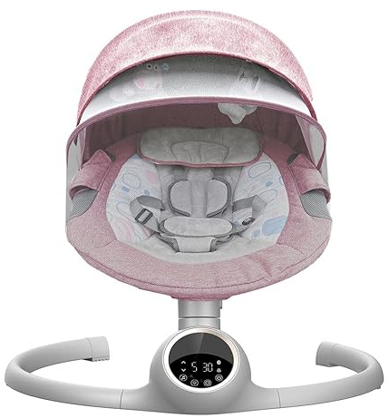 BEBE2LUXE Alpha : Balancelle bebe/Transat bebe électrique, écran tactile LED, telecommande, bluetooh, harnais de sécurité 5 points, jusqu'a 9kg (rose)