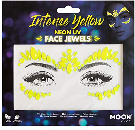 Moon Glow Neon-UV-Gesichtsjuwelen, Festival-Gesichts-Körper-Edelsteine, Kristall-Make-up-Augen-Glitzeraufkleber, temporäre Tattoo-Juwelen (intensiv) (Gelb, Mittel)