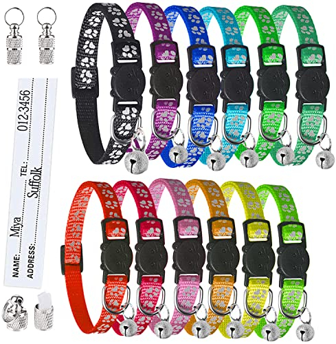 Reflektierendes Katzenhalsband mit Sicherheitsverschluss und Glöckchen, Verstellbar (12 Stück + 2 ID-Tags)