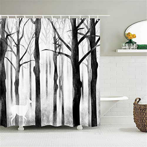 Jqynn Duschvorhang für Eckdusche und Kleine Badewanne, Bad Vorhang Textil aus Polyester Stoff Schimmelresistent Wasserabweisend und Waschbar, Wald， 150x180cm mit Duschvorhangringen Shower Curtains