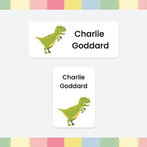 86 x Personalised Stick-On Waterproof Washable Name Labels Pack of 2 Sizes for Clothes, Water Bottles, School Uniform, Equipment, Shoes, School, Nursery, Day Care - Dinosaur (SFP)