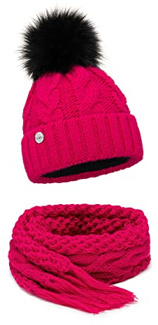 ELIMELI® Winter Mütze Schal Set Damenmütze mit Fell-Bommel Fleece Innenfutter - 2-teilig Damen Winterset - Wintermütze und Schal Damenschal- Strickmütze gefüttert - (Amaranth - Mütze mit Schal)