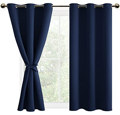 DWCN Dark Blue Eyelet Blackout Curtains with Tie backs Thermal Insulated Short Small Curtains for Bedroom,46 Wide x 54 Drop,2 Panels,