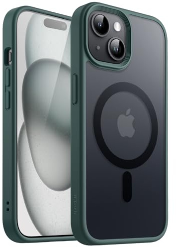 JETech Matte Magnetische Hülle für iPhone 15, Dunkelgrün | Kompatibel mit MagSafe, Matte Transluzent Rückseite, Dünn Stoßschutz