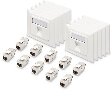 DIGITUS 1-Port Netzwerkdose – 10 Stück – Mit 10x Cat6A Keystone-Modul – Auslass 45° Gewinkelt – Mit Staubschutz-Kappe – Weiß
