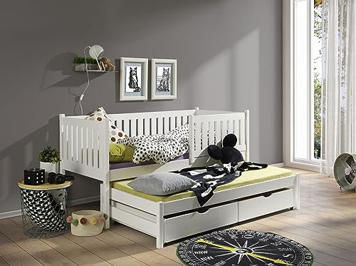 KEF Kinderbett 80x160 cm - Patrick - Bett aus Holz mit Stauraum - Tagesbett mit Lattenrost - Jugendbett und Mädchenbett für Kinderzimmer - Ausziehbett für Zwei Personen - Weiß