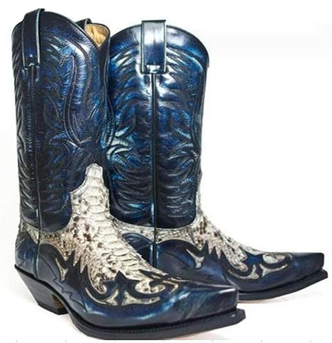 Western cowboy stövlar – låg klack mid tub riddarstövlar – vintage läder broderi västerländsk cowboy biker stövlar, blå, 43
