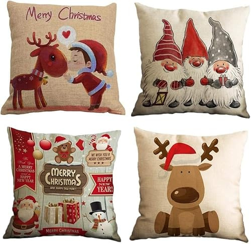 Anyingkai 4er Set Kissenbezüge Weihnachten,KissenhüllenWeihnachten Kissenbezug,Weihnachtsdeko Kissenhüllen,Weihnachtskissen Kissen,Weihnachtskissenbezüge,Christmas Pillow Covers (Karikatur, 50×50)