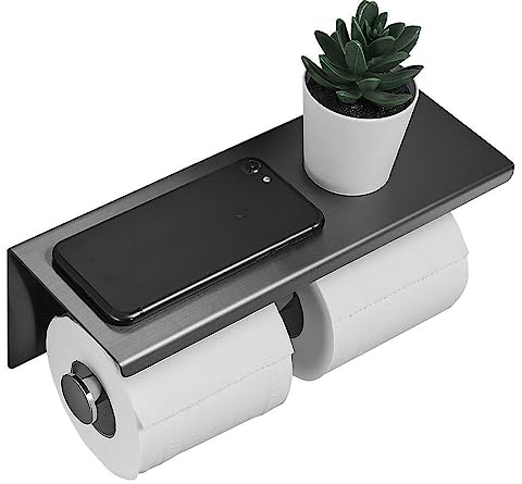 Toilettenpapierhalter mit Telefonablage, wandmontierter Edelstahl-Toilettenpapierspender für Badezimmer (Doppelrolle-Schwarz)