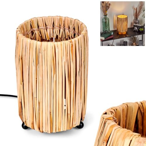 Tischleuchte Cricket, moderne Boho Tischlampe aus Metall/Rattan in Schwarz/Natur, Nachttischlampe mit Schirm in Gitter-Optik, An-/Ausschalter am Kabel und Lichteffekt, 1 x E27, ohne Leuchtmittel