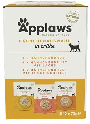Applaws naturligt våtfoder för katter, påse multipack kyckling urval i buljong – 12 x 70 g påsar