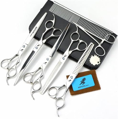 LQZO 8,0 Zoll professionelle Hundepflegeschere Set - Edelstahl Langable Ausdünnung/gerade/gebogene Schere mit Kamm - zum Schneiden von Hunde- und Katzensalon Schnitt