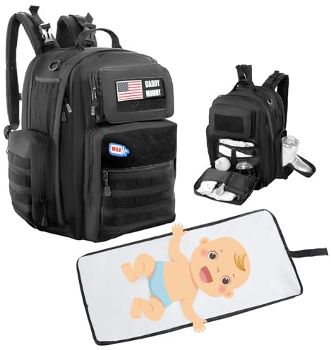 MABOZOO Diaper Bag Backpack for Dad with Changing Station, Expandable Military Diaper Bag Backpack, Black, 17x15x9 in, Military Style