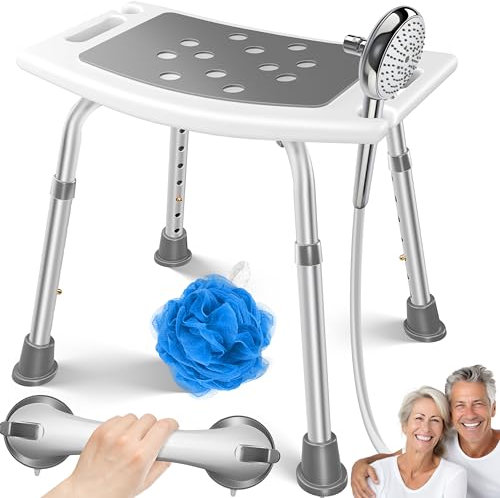 KESSER® Sgabello da doccia regolabile in altezza, leggero, con piedini in gomma antiscivolo, portata 136 kg, per la doccia, per anziani, manico a ventosa per vasca da bagno, sedile doccia con supporto