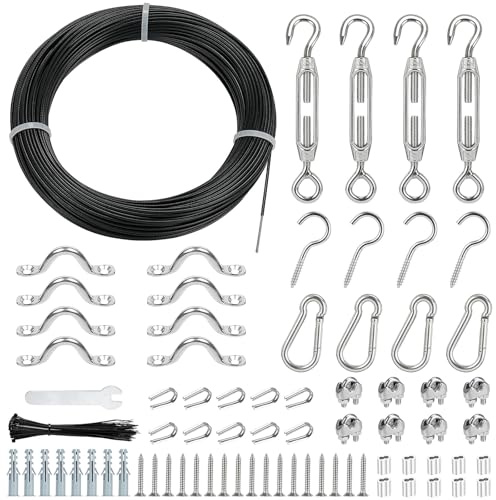 TooTaci Outdoor String Light Hanging Kit, 50M/2mm Black Coated Guide Wire | Stainless Steel Cable & Turnbuckle Wire Tensioner Kit, Use for Anti-sagging Festoon Light/Patio Garden Light Suspension