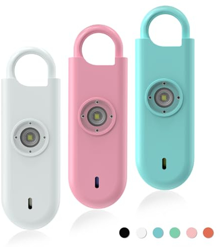 Fauxomor Taschenalarm für Frauen,3 Stück 140DB Schrillalarm Schlüsselanhänger mit LED-Stroboskoplicht und Batteriewarnung, Persönlicher Alarm für Kinder und ältere Menschen(Weiß+Pink+Blau)