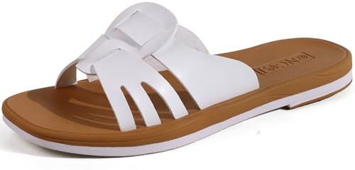 ONCAI Slides for Womens, Flat Dressy Square Toe Summer Beach Sandals for Woman 2025 with Comfortable Non-slip Rubber Soles White Khaki Size 5