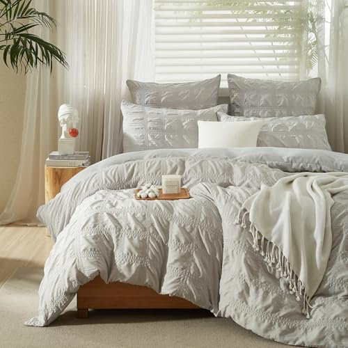 Gezu Seersucker - Juego de ropa de cama de 135 x 200 cm, diseño de cuadros, color gris, transpirable, microfibra, ropa de cama de verano y 1 funda de almohada de 80 x 80 cm, con cremallera