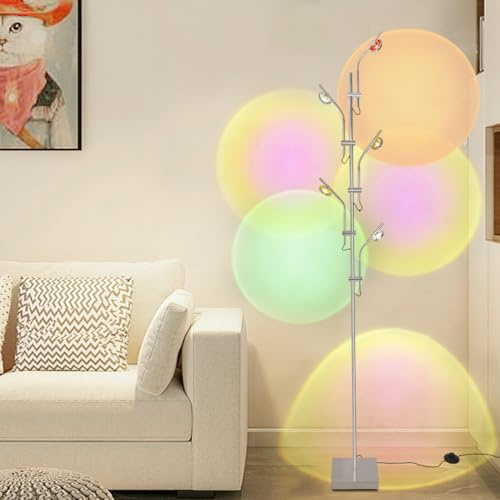 Sunset Lamp Projector Floor Lamp,LED Halo Floor Lamps with 5 Heads with Adjustable Angles,3000K Mood Lighting Ambient,RGB Standing Lamp with Replaceable Color Filters for Living Room,Bar,Chrome