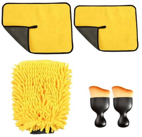 5 Pcs Car Cleaning Kit with 2 Pack Microfibre Cleaning Cloths, 1 Microfiber Car Wash Mitt and 2 Car Interior Soft Dusting Brushes for Household and Car Cleaning, Washing, Drying