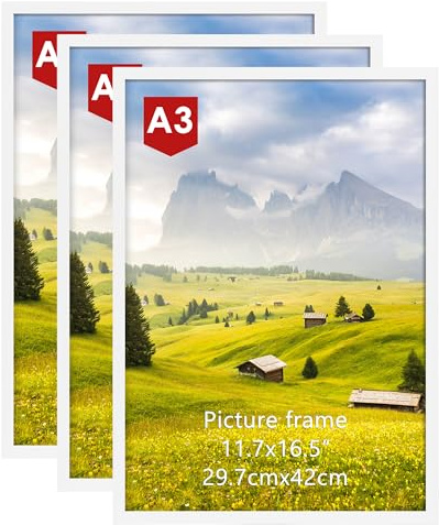 Hoikwo Lot de 3 Cadre A3 Blanc, Cadre Photo A3 (29,7x42cm), Pour Posters, Photos, Affiches, Certificat, Uniquement pour l’Installation Murale