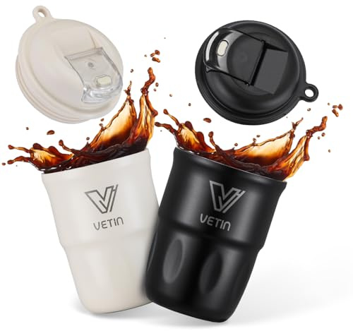 VETIN 2 Stück 320 ml Kaffeebecher to go Thermo aus 316 Edelstahl mit auslaufsicherem Deckel, Kaffee Thermobecher geeignet für Reisen und Auto-Getränkehalter