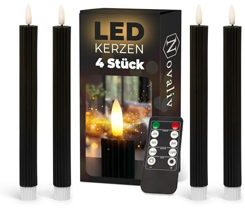 Stabkerzen LED mit Timer SCHWARZ 4 Stück indoor 6 Stunden - ECHTWACHS gerippt 23cm Höhe für Kerzen 2,2cm Durchmesser 2 AAA Batterien notwendig LED Stabkerzen flackernde Flamme bewegliche Flamme Licht