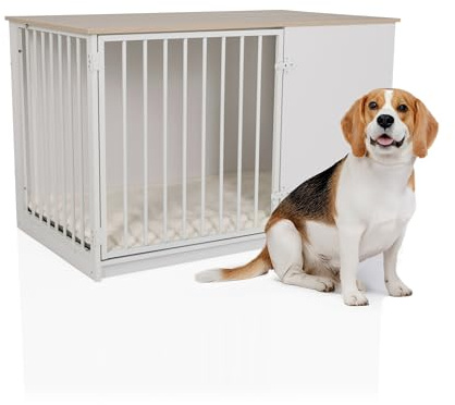 hjh LIVING Pawhome Hundkorg för hemmet med skålar i rostfritt stål Max. belastning 30 kg Vit/ek 102 x 60 x 65,5 cm