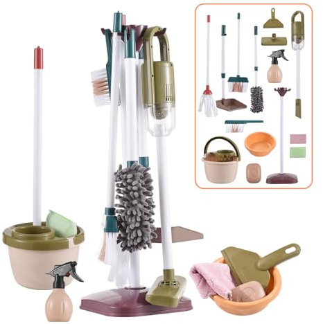 Kids Cleaning Toy Set Toddler Housekeeping Play Set with Vacuum Cleaner Broom Mop Dustpan Mop Bucket Brush for Boys Girls Aged 3+ ABS Material