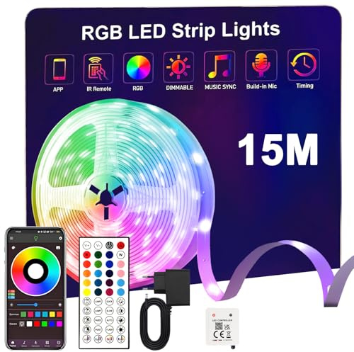 Sylvwin Striscia LED 15m,Strisce LED 15 Metri RGB con Funzione Musicale,44 Tasti Telecomando e App Bluetooth,Nastri per Soggiorno/Cucina,Decorazione Camera da Letto, Festa, Bar,TV
