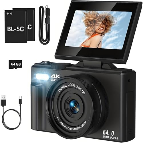 Evoluir Digital Camera 4K Digital Camera, 75MP Vlogging Camera with 18X Zoom, WiFi Transfer, 3 Flip Screen, Auto Focus, Compact for Kids & Beginners, 64GB SD Card Included