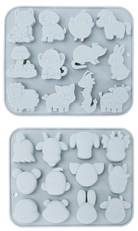 QZDAFFIC 2 moldes de silicona para chocolate, 12 dibujos animados, serie de animales, molde de chocolate, molde de silicona antiadherente 3D de animales, moldes de silicona para hornear pasteles y