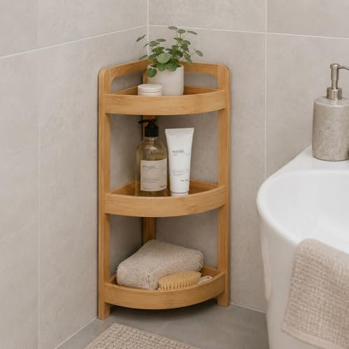 Mojawo Bambus Eckregal Wandregal Badregal Badezimmer Regal 100% Bambus Aufbewahrung 3 Böden 23x61cm