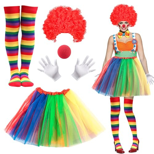Aurihxus Conjunto de disfraz de payaso, 5 piezas, circo, arco iris, accesorio para disfraz con falda tutú arcoíris, peluca, nariz, guantes y calcetines de rayas de colores