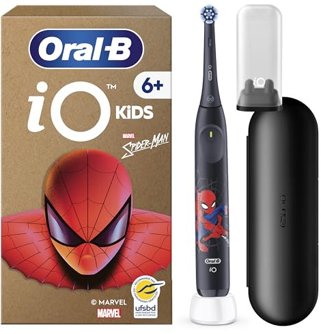 Oral-B Brosse à Dents Electrique iO Kids, Brossette, Motif Spider-Man, Noire – 3 Modes de Brossage en Douceur pour Enfants de 6 Ans, Minuteur Musical, Embout Rond de Rechange, Etui, en Carton