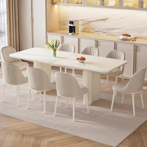 Esstisch rechteckig Creme, moderner Küchentisch mit abgerundeten Ecken, stabiler Esszimmertisch mit dicker Tischplatte & starken Beinen, Tisch für Küche & Esszimmer (Tisch mit 8 Stühlen, 200 cm)