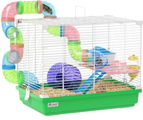 Pawhut 2 Etagen Hamster- und Rennmausk. mit Griff für Zwerg, Grün | Laufräder, Tunnel, Wasserflasche, Schüsseln, Leiter