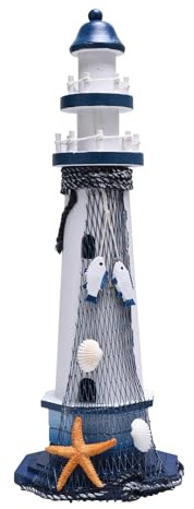 Qaixwuyi Holz Leuchtturm Modell Groß Maritime Dekoration 38cm Blau Weiß mit Seestern Muscheln Nautische Geschenk für Liebhaber der Seefahrt Tischdeko für Badezimmer Schaufenster Einzugsgeschenk