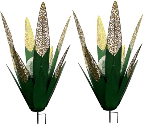 Faroby Décor extérieur de Plantes d'agave en métal, lumières solaires de Jardin 2 pièces, Art Jardin d'agave en métal lumière LED, décorations Cour Plante, Vert