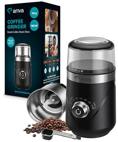 ARIVA Elektrische Kaffeemühle 150W mit Timer & Abnehmbarem Edelstahlbehälter, Leise (63dB), Schlagmesser, Mühle für Kaffeebohnen, Gewürze & Nüsse, Schwarz/Edelstahl
