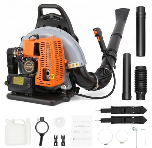 LENJKYYO Soffiatore per foglie a benzina, 63 cc, 2,7 kW, soffiatore posteriore con 6800 giri/min, aspiratore a benzina, serbatoio da 1,8 l, ugello regolabile e tracolla, raccogli foglie per cortile e