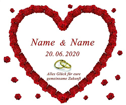 Personalisiertes Hochzeitsherz zum Ausschneiden für das Hochzeitsspiel oder zur Hochzeitsdekoration – mit Namen, Datum und Glückwunschtext personalisiert